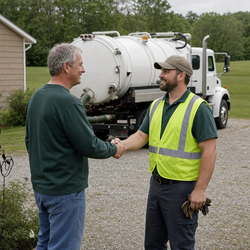 A septic technician shaking a Fort Worth homeowner's hand beside the service truck after a completed pump-out