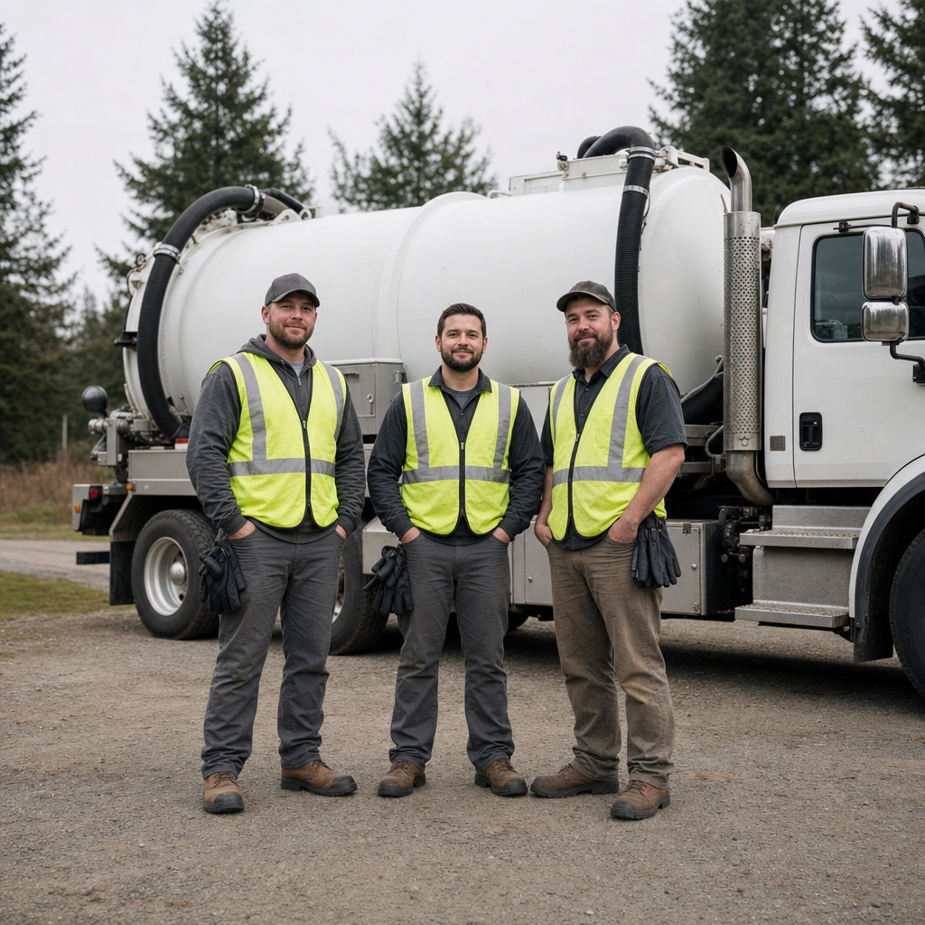 The Fort Worth septic pumping crew standing together beside their clean white vacuum truck on a residential street