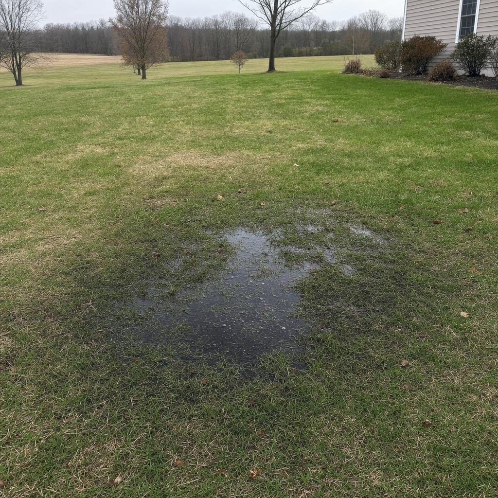 A dark, saturated wet spot in a Fort Worth backyard lawn marking a failing cesspool at capacity