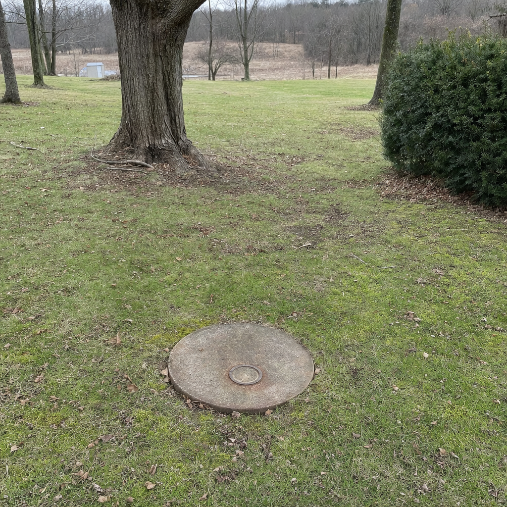 An older round cesspool access lid set flush in an established, mature Fort Worth backyard lawn