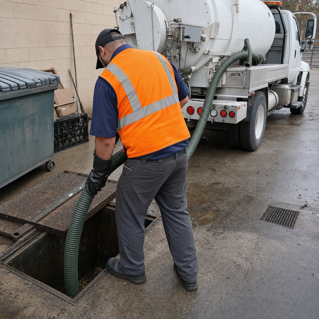 Technician pumping a grease trap behind a Fort Worth restaurant