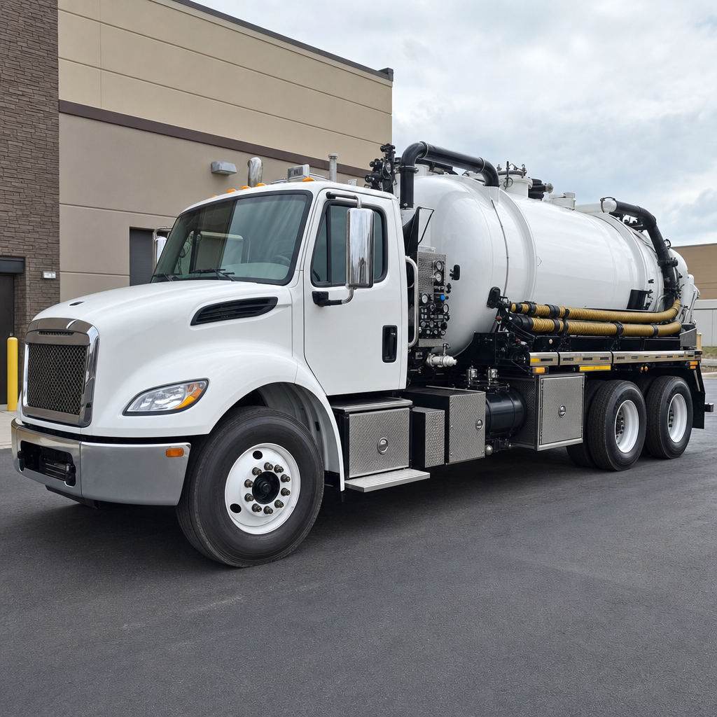 Commercial septic vacuum truck parked in a Fort Worth business parking lot