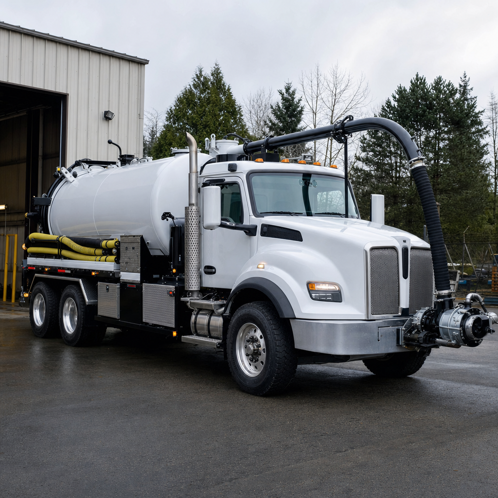 A clean white septic vacuum truck rolling out of a tidy Fort Worth service depot at the start of the day