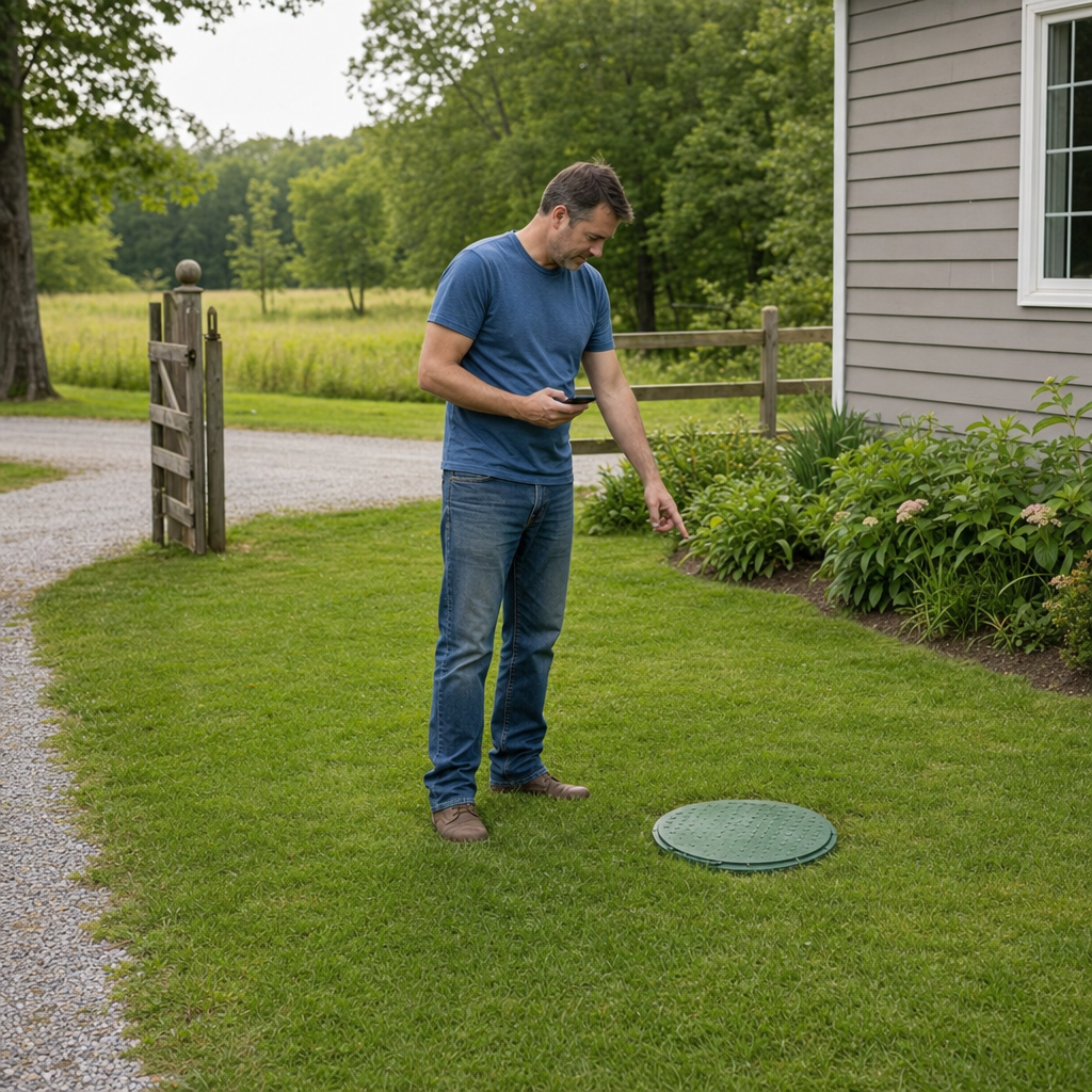 A Fort Worth-area homeowner standing in the backyard noting where the septic tank lid and access route are located