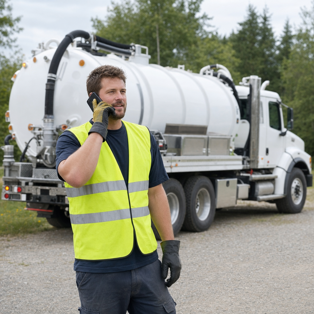 A friendly septic dispatcher holding a phone, ready to answer a Fort Worth homeowner's call about a pump-out