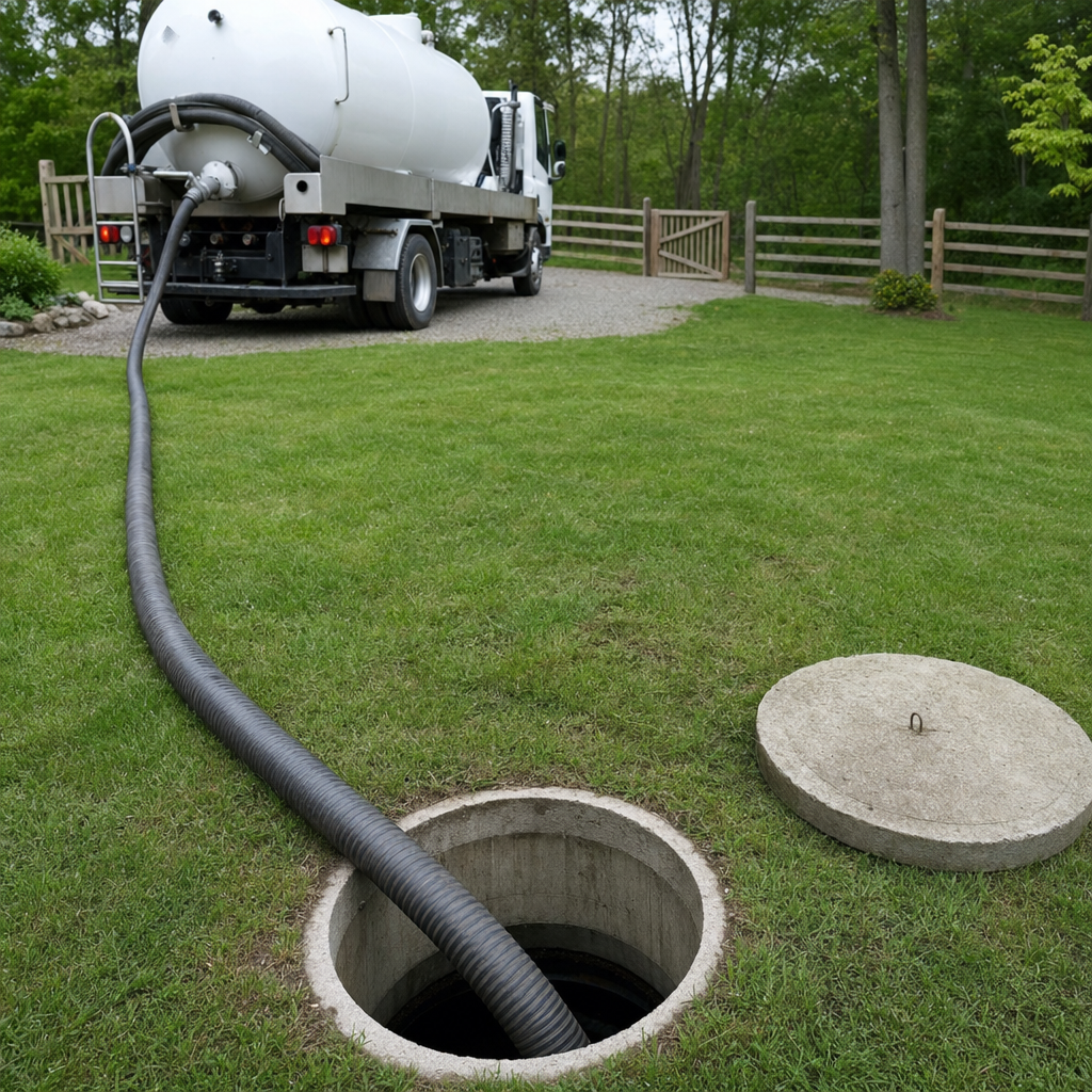 Suction hose connected to an open septic tank, drawing it down in a tidy Fort Worth yard