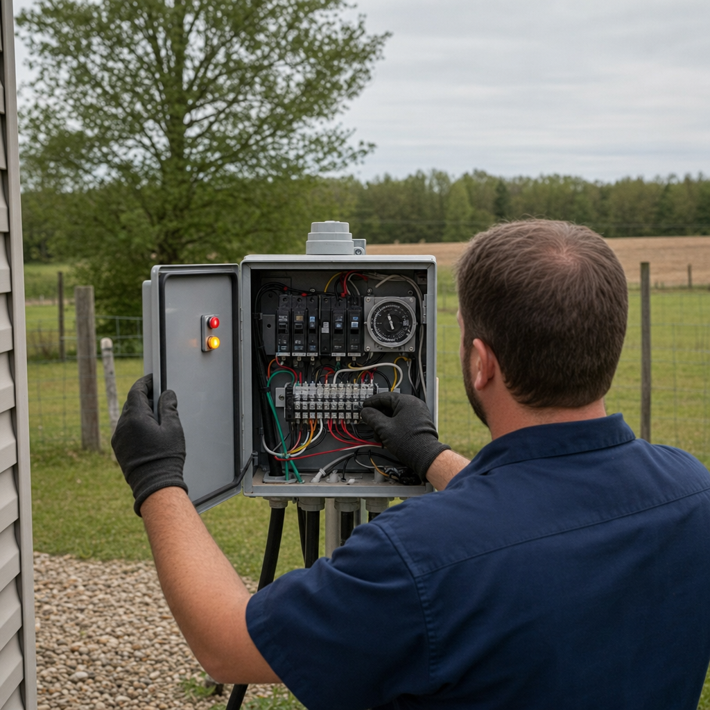 Technician checking an aerobic septic control box with a lit red high-water alarm during a same-day Fort Worth visit