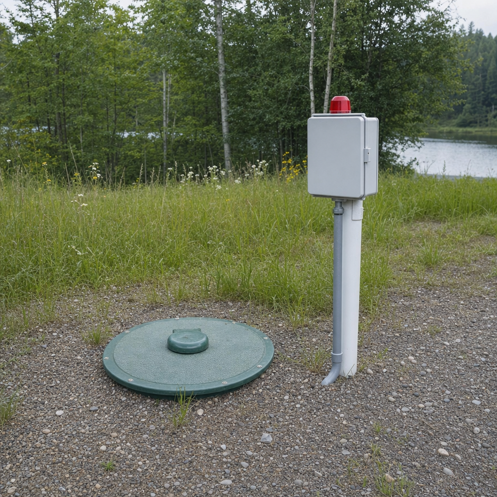 A wastewater holding tank access lid set in the ground at a rural Fort Worth-area cabin, with a mounted high-level float alarm panel nearby