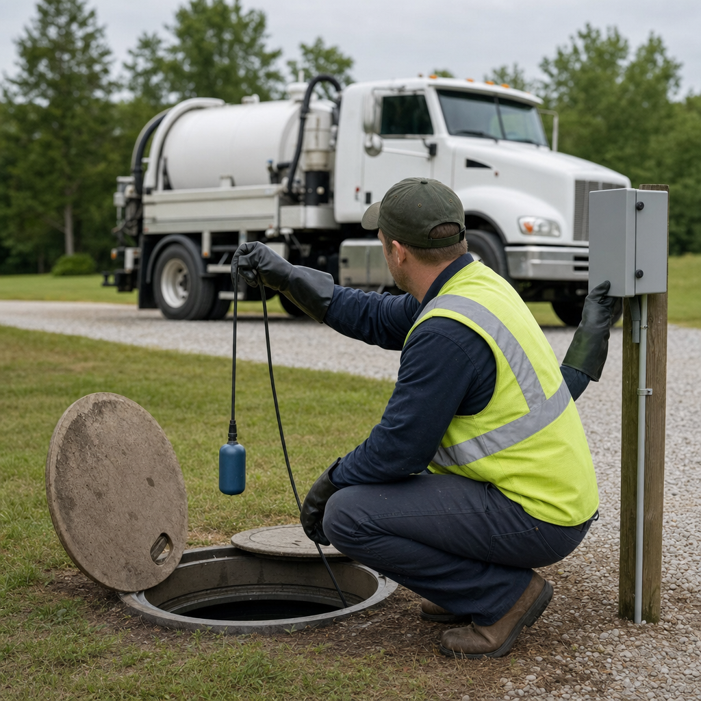A septic technician in a high-visibility vest checking a high-level float switch and alarm panel on a holding tank at a rural Fort Worth-area site