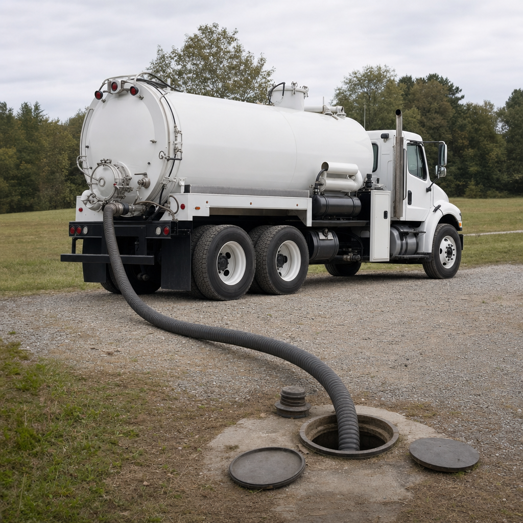 An unmarked white vacuum truck emptying a wastewater holding tank on a scheduled visit at a rural Fort Worth-area property, thick suction hose running to the tank lid