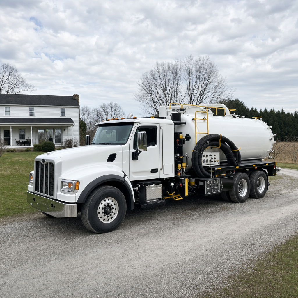 A clean white septic vacuum truck parked on a tidy Fort Worth driveway with the suction hose neatly coiled