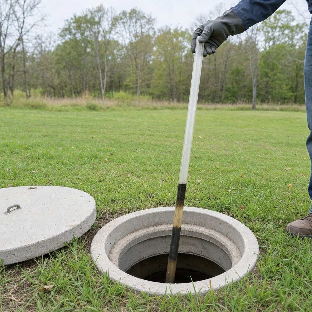 A septic sludge-judge measuring stick lowered into an open Fort Worth septic tank to read the depth of the sludge and scum layers before deciding whether a pump-out is due