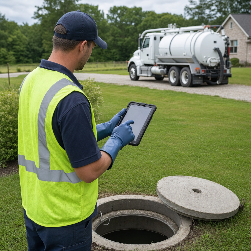 A septic technician recording a Fort Worth home's pump-out date and tank condition on a tablet beside an open access lid, tracking the service history that sets the next due date