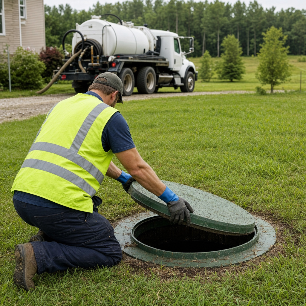 Septic technician kneeling on a Fort Worth lawn, lifting the access lid on a residential septic tank