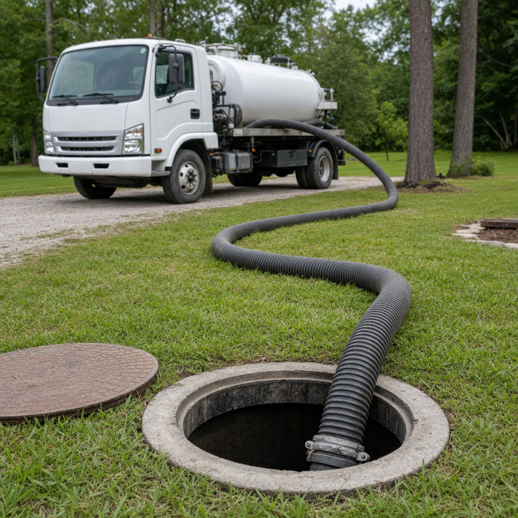 Thick ribbed suction hose lowered into a clean open septic tank port on a tidy Fort Worth backyard lawn