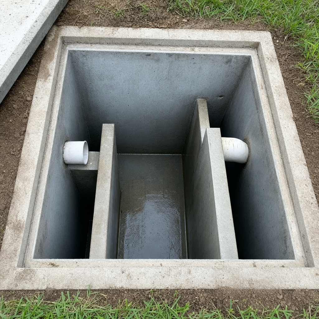 Inspection of the concrete baffles inside an open, emptied and freshly cleaned Fort Worth septic tank