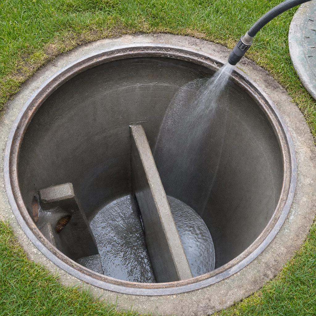 Interior concrete walls of an emptied Fort Worth septic tank being rinsed clean with the truck's onboard water hose