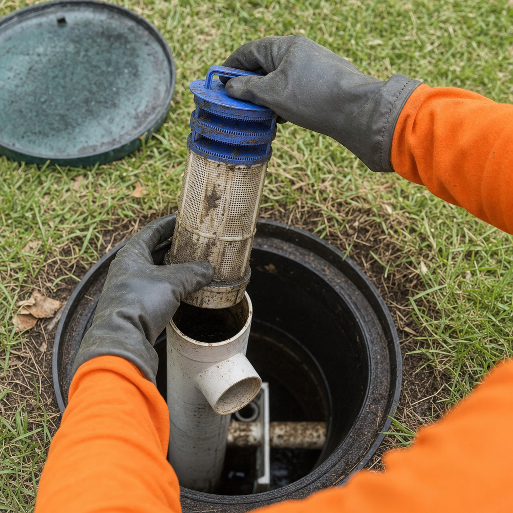 Septic technician's gloved hands lifting the effluent filter cartridge out of the outlet housing on a Fort Worth septic tank