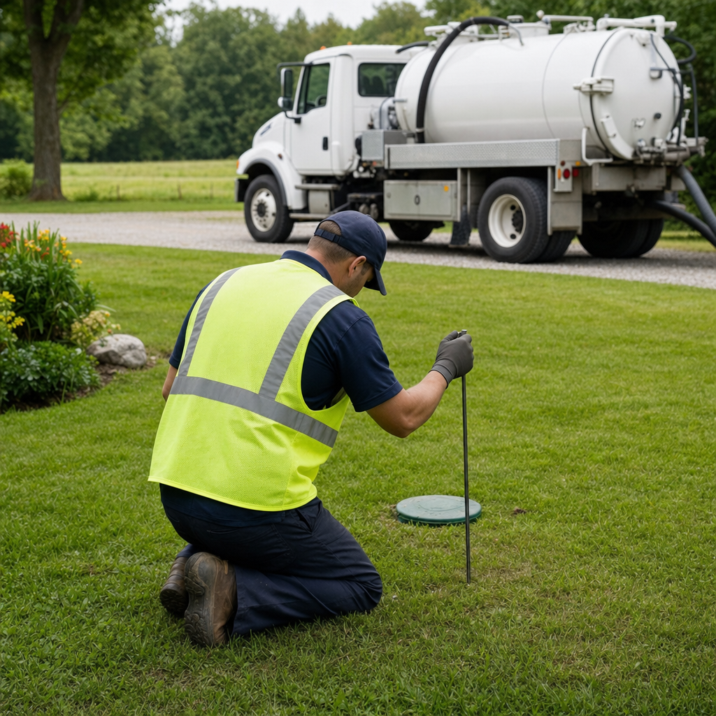 Septic technician kneeling on a Fort Worth lawn, probing to locate and measure the depth of a buried septic tank lid before pumping