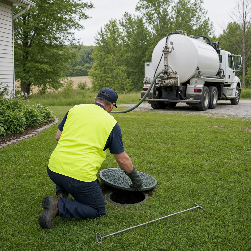 Septic technician kneeling on a Fort Worth lawn, lifting the buried access lid on a residential septic tank