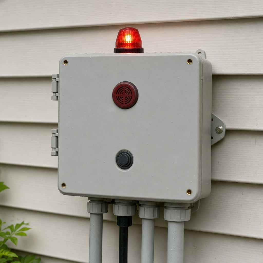 An aerobic septic system control panel mounted outside a Fort Worth home with its red high-water alarm light lit