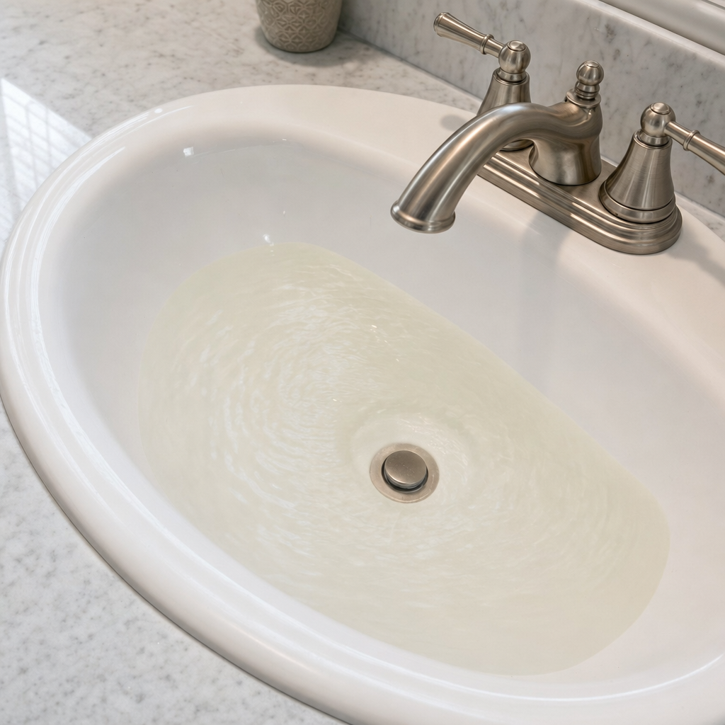 A bathroom sink draining slowly with water pooled in the basin, an early warning sign that a Fort Worth septic tank is full
